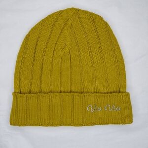 Via Via Wool Knit Hat Ribbed Chartreuse Green Foldover Logo